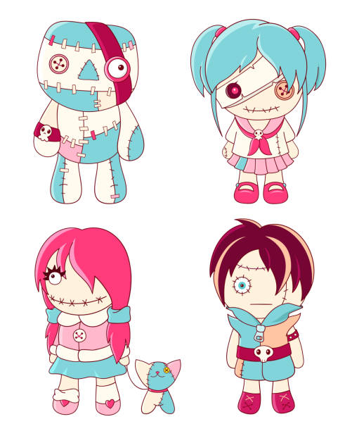 Set of cute voodoo dolls Collection of cute voodoo dolls in kawaii style. Zombie, schoolgirl, girl with cat, boy.  EPS8 creepy doll stock illustrations
