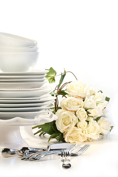 Assortment of plates for wedding stock photo