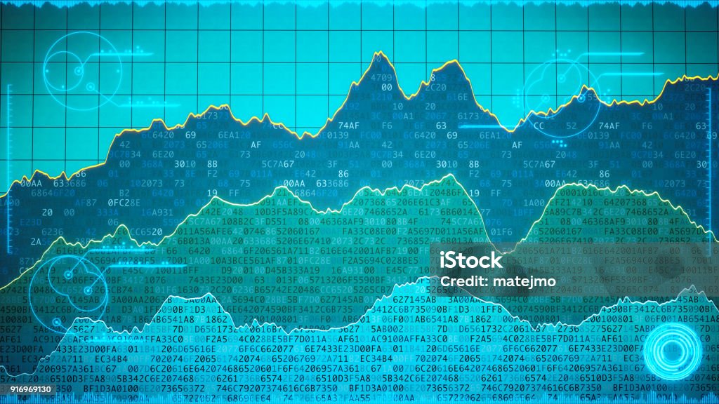 Encrypted spreadsheet with info graphic overlay A front view on multiple spreadsheets containing binary computer data with graph lines. The image is overlaid with futuristic looking info graphics.

 Data Mining Stock Photo