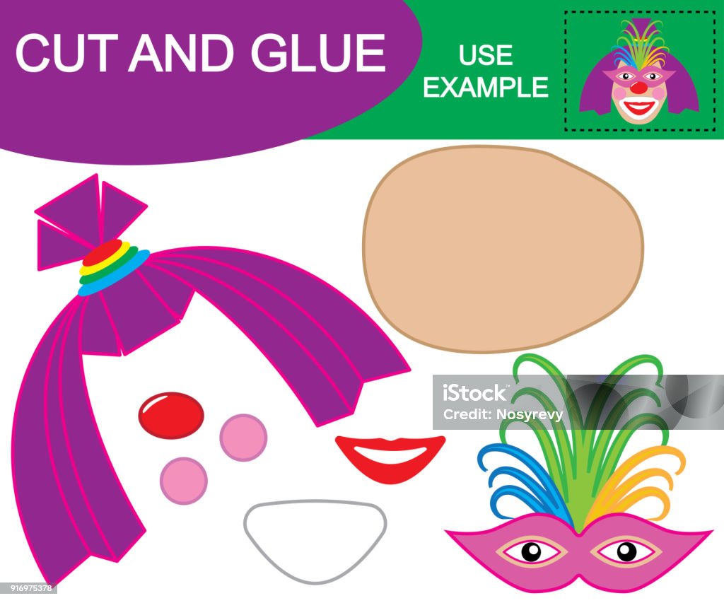 Image of female clown. Cut and glue. Educational game for children Activity stock vector