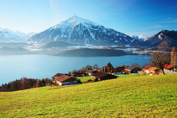Sigrilwil village at Swiss Alps mountains and Thun lake Sigrilwil village at Swiss Alps mountains and Thun lake, Switzerland in winter thun interlaken winter switzerland stock pictures, royalty-free photos & images