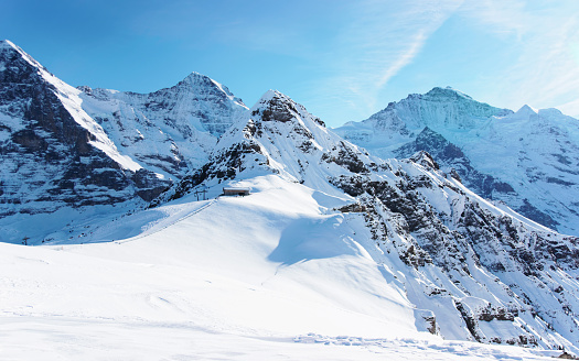 wide panoramic view from Eggishorn on aletsch glacier under blue sunny sky