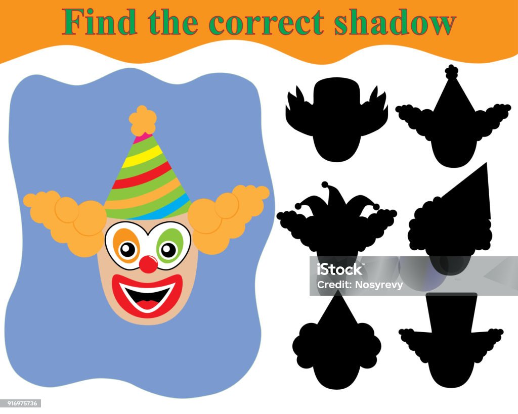 Clown’s face, find the correct shadow. Educational game for children. Accuracy stock vector