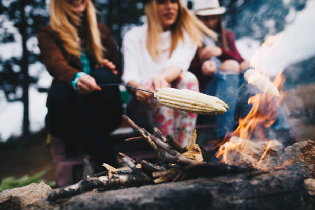 Baked corn on embers . Vegan Picnic with sweetcorn