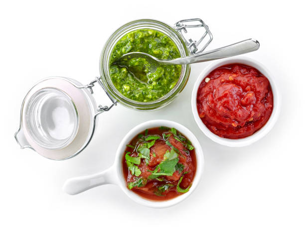 various homemade dip sauces isolated on white background, top view