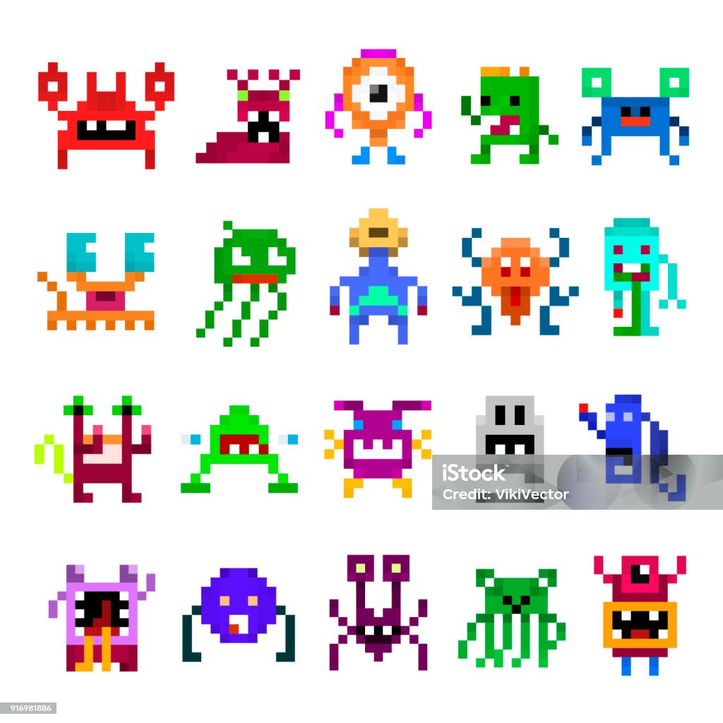 Pixel monster set Pixel monster set. Cute ugly, and frightening imaginary creatures in digital image. Vector flat style cartoon illustration isolated on white background Pixelated stock vector