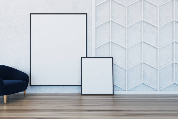 istock Minimalistic living room, armchair two posters 916983158