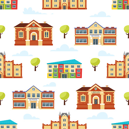 Vector cartoon style seamless pattern with educational buildings: kindergarten, school, university on white background.