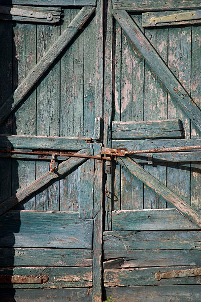 istock Entrance. Exit. Old rustic wood green door 91700139