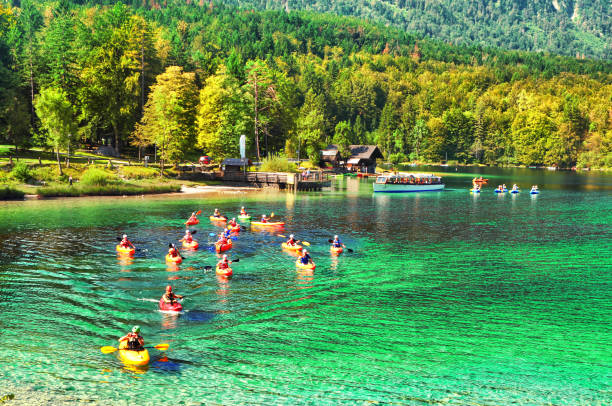 kayakistas disfrutan de sus actividades en la naturaleza hermosa del lago bohinj con agua pura color turquesa con verde bosque - forest pond landscaped water fotografías e imágenes de stock