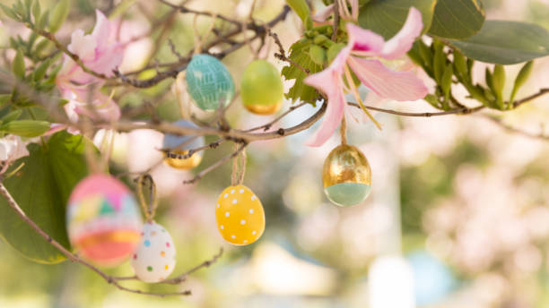 istock Pretty decorated Easter eggs hanging on a tree branch on a sunny spring day. 917004306