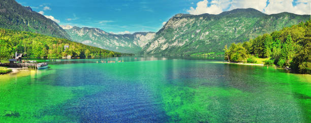 panoramiczny widok na słoweński krajobraz bohinj lake,z turkusową wodą. park narodowy triglav, alpy julijskie, słowenia,europa - julian alps lake bohinj lake bohinj zdjęcia i obrazy z banku zdjęć