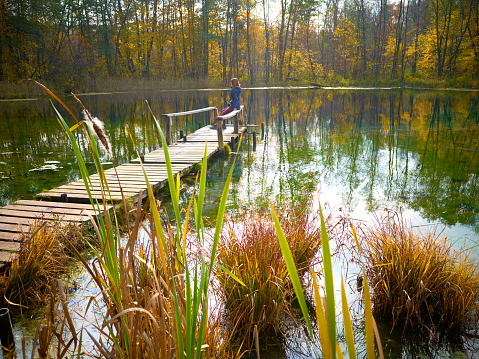 One girl sitting on wooden old pier, autumn trees, lake, grass