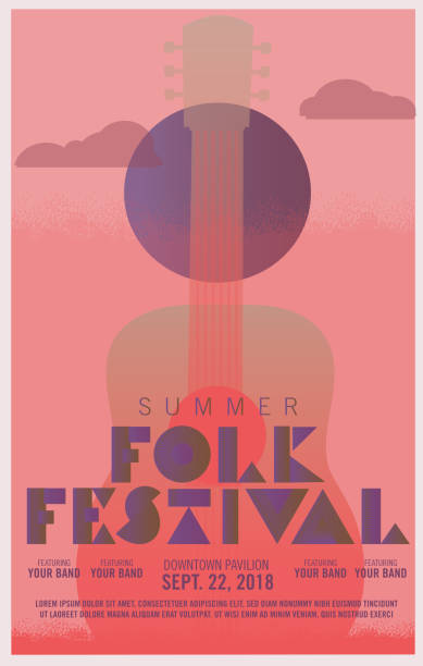 Folk festival art deco style poster design template Folk festival art deco style poster design template with guitar and sun. Fully editable. folk stock illustrations