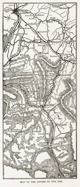 ilustrações, clipart, desenhos animados e ícones de mapa do rio dee, país de gales, gravura vitoriana, cerca de 1840 - dee river illustrations