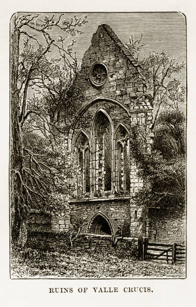 руины валле-круси, в лланголлене, уэльс, викторианская гравюра, около 1840 года - dee river illustrations stock illustrations