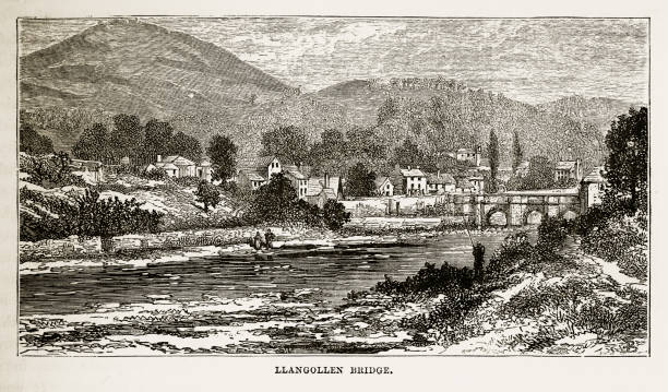 ilustrações, clipart, desenhos animados e ícones de llangollen ponte, em llangollen, país de gales, gravura vitoriana, cerca de 1840 - dee river illustrations