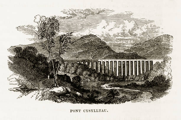 ilustrações, clipart, desenhos animados e ícones de aqueduto de pont cysylltau, wrexham, país de gales, gravura vitoriana, cerca de 1840 - dee river illustrations