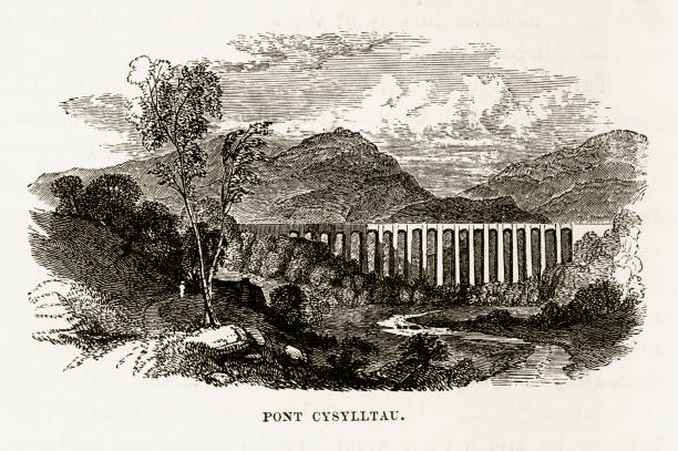 акведук пон-сисиллтау, рексхэм, уэльс, викторианская гравюра, около 1840 года - dee river illustrations stock illustrations