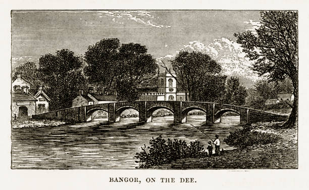 ilustrações, clipart, desenhos animados e ícones de bangor pelo rio dee, bangor, país de gales, gravura vitoriana, 1840 - dee river illustrations