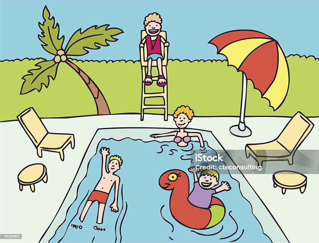 Pool Party Family enjoy the pool while a lifeguard watches over them. Swimming Pool stock vector