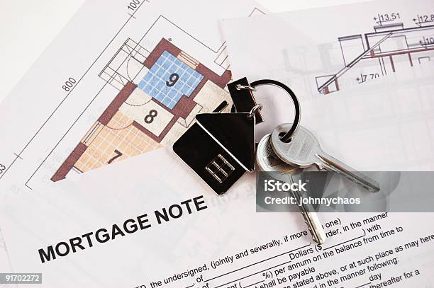 Keys On Mortgage Note Stock Photo - Download Image Now - Architect, Architecture, Backgrounds