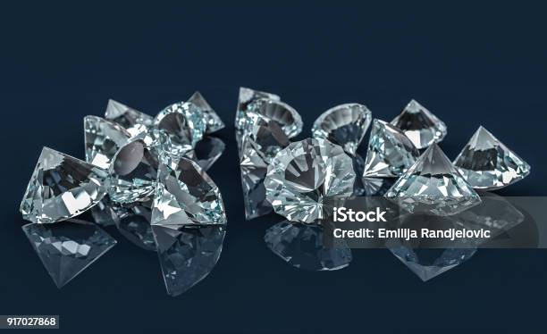 Many Diamonds On Reflective Desk Stock Photo - Download Image Now - Diamond - Gemstone, Too Big, Broken
