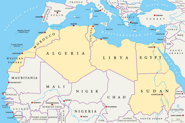 kuzey afrika bölgesi, siyasi harita - tunisia stock illustrations