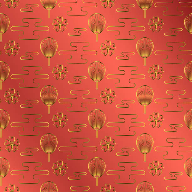 ilustraciones, imágenes clip art, dibujos animados e iconos de stock de ventilador de japón oro en fondo de color rojo joya - arrangement asia backgrounds balance
