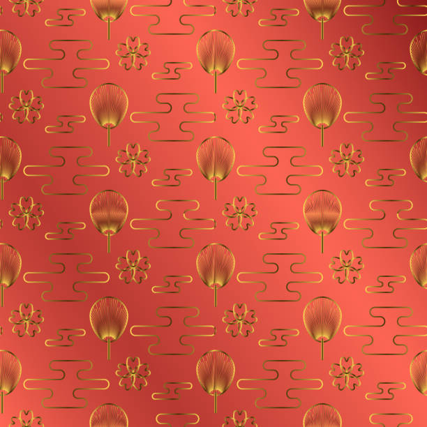 ilustrações de stock, clip art, desenhos animados e ícones de japan fan gold on red jewel color background - arrangement asia backgrounds balance