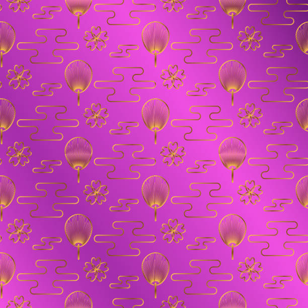 illustrazioni stock, clip art, cartoni animati e icone di tendenza di giappone fan oro su sfondo colore gioiello viola - arrangement asia backgrounds balance