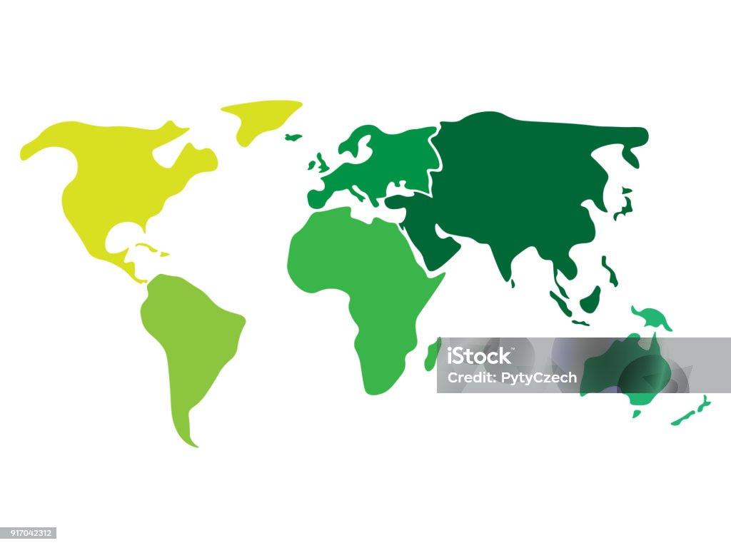 Mapa de mundo multicolor divide a seis continentes en diferentes colores - América del norte, América del sur, África, Europa, Asia y Oceanía Australia. Mapa del vector en blanco silueta simplificada sin etiquetas - arte vectorial de Mapa mundial libre de derechos