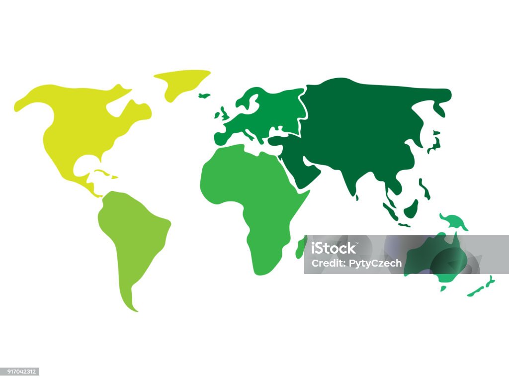 Multicolored world map divided to six continents in different colors - North America, South America, Africa, Europe, Asia and Australia Oceania. Simplified silhouette blank vector map without labels Multicolored world map divided to six continents in different colors - North America, South America, Africa, Europe, Asia and Australia Oceania. Simplified silhouette blank vector map without labels. World Map stock vector