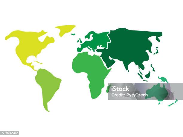 Multicolored World Map Divided To Six Continents In Different Colors North America South America Africa Europe Asia And Australia Oceania Simplified Silhouette Blank Vector Map Without Labels Stock Illustration - Download Image Now