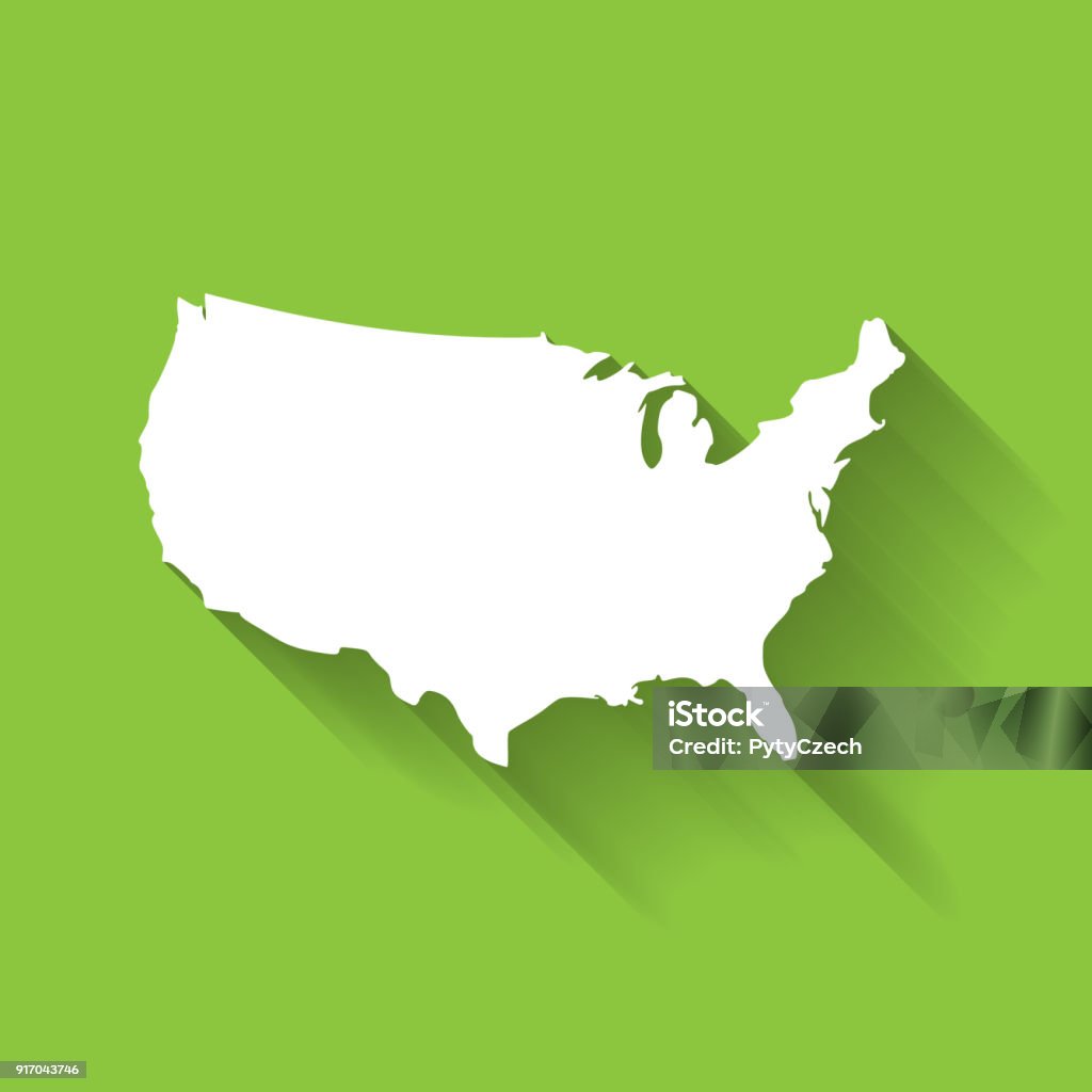 Vereinigte Staaten von Amerika, USA, weiße Karte Silhouette mit Farbverlauf lange Schatten-Effekt auf grünem Hintergrund isoliert. Einfache flache Vektor-illustration - Lizenzfrei Karte - Navigationsinstrument Vektorgrafik