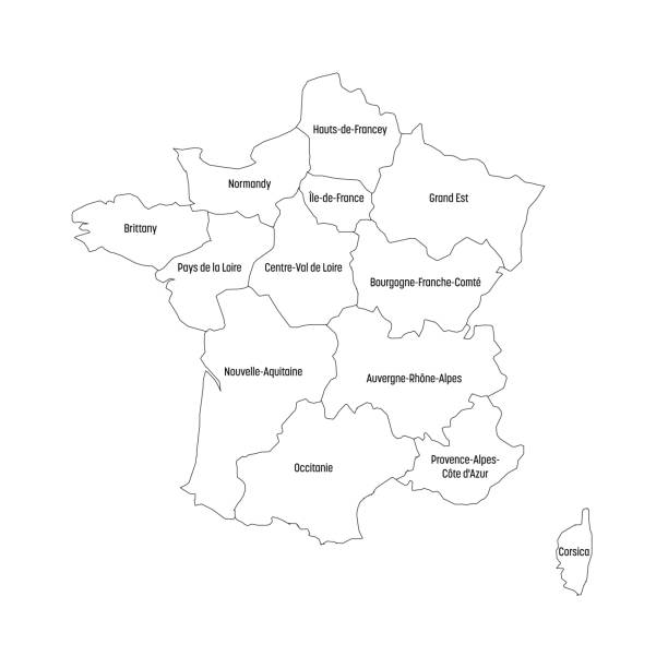 Outline map of France divided into 13 administrative metropolitan regions, since 2016. Four shades of green. Vector illustration Outline map of France divided into 13 administrative metropolitan regions, since 2016. Four shades of green. Vector illustration. non urban scene stock illustrations