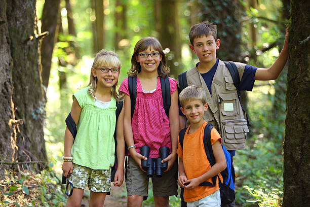 istock Portrait of four kids with camping gear 91704849