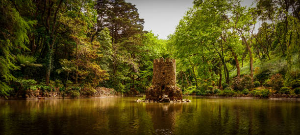 Beautiful old Castel tower in a lake surrounded by a forest at Park of Pena, Sintra, Portugal