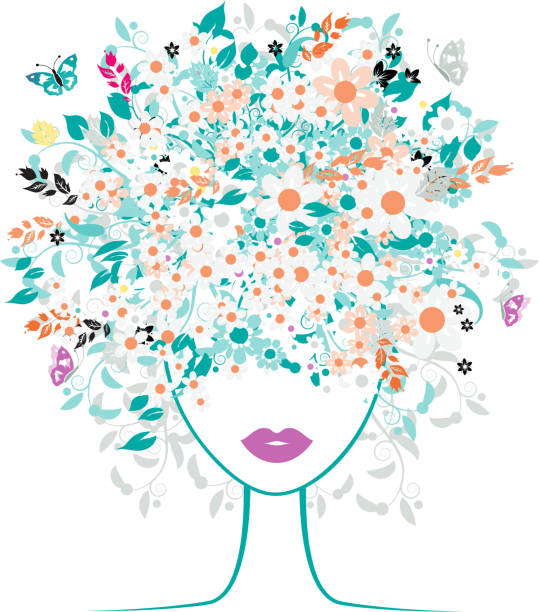 Woman with a head full of colorful floral silhouette vector art illustration