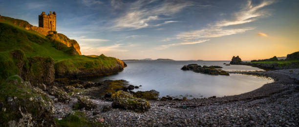 Gylen Castle Panorama Gylen Castle and Port a'Chaisteil in sunset light, Isle of Kerrera, Scotland oban stock pictures, royalty-free photos & images