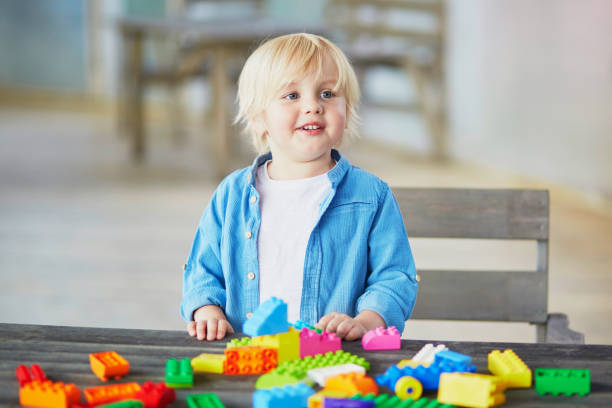 istock Little boy playing with colorful plastic construction blocks 917053768