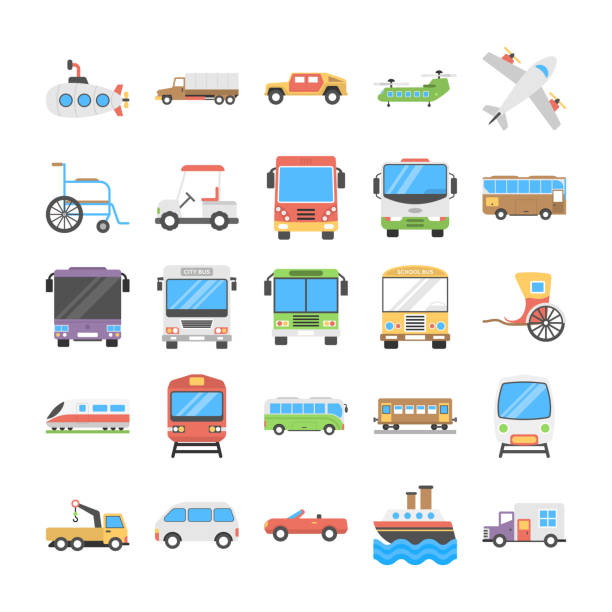 ilustrações, clipart, desenhos animados e ícones de pacote de ícones plana de transporte - semi truck vehicle trailer truck empty