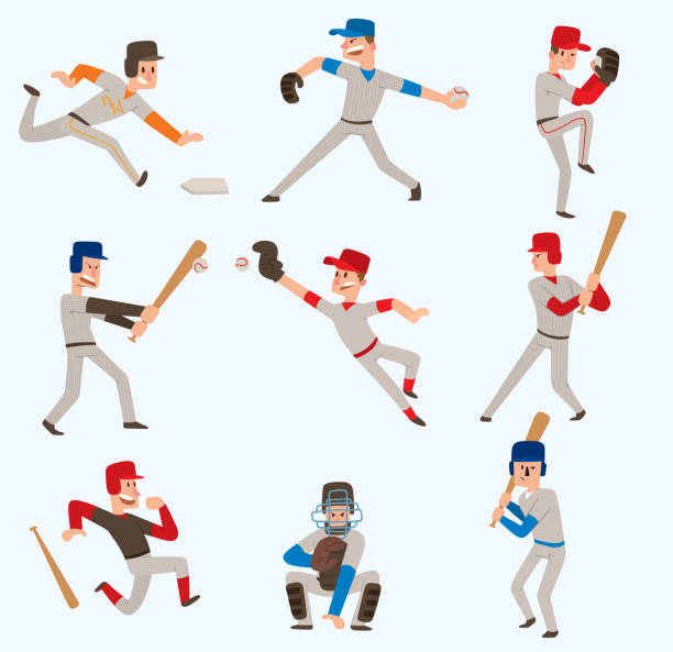 Baseball team players vector sport man in uniform game poses baseball poses situation professional league sporty character winner illustration boy competition adult athlete person Baseball team players vector sport man in uniform game poses baseball poses situation professional league sporty character winner illustration boy competition adult athlete person. men baseball baseball cap baseball bat stock illustrations