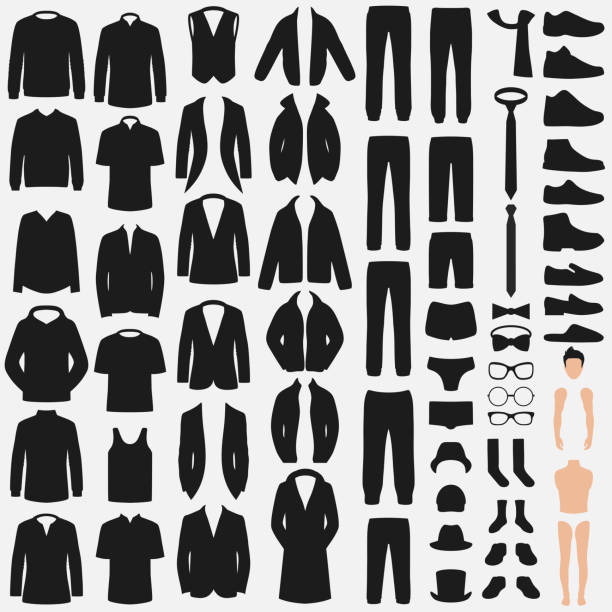 illustrations, cliparts, dessins animés et icônes de jeu de mode homme. silhouette de vecteur de vêtements. pantalon, costume, chemise et veste - jacket