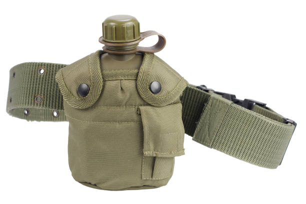 army water canteen with pistol belt - military canteen imagens e fotografias de stock