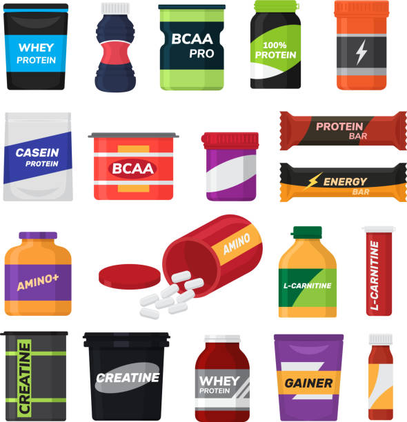 Bodybuilding fitness nutrition vector sport nutritional supplement with protein for bodybuilders illustration set isolated on white background Bodybuilding fitness nutrition vector sport nutritional supplement with protein for bodybuilders illustration set isolated on white background. protein powder bottle stock illustrations
