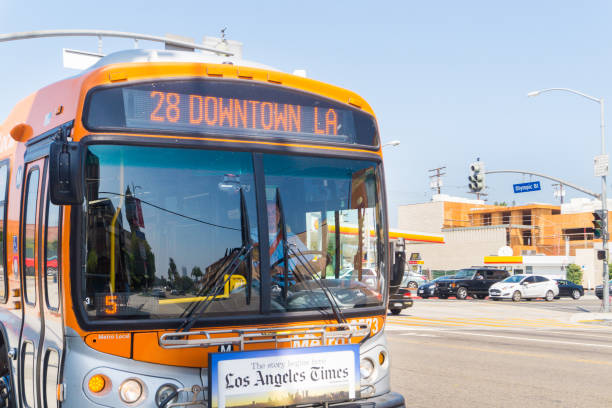 LOS ANGELES, USA - AUGUST 26, 2017: Bus approaching station and stop in Olympic Boulevard in Beverly Hills. Editorial.