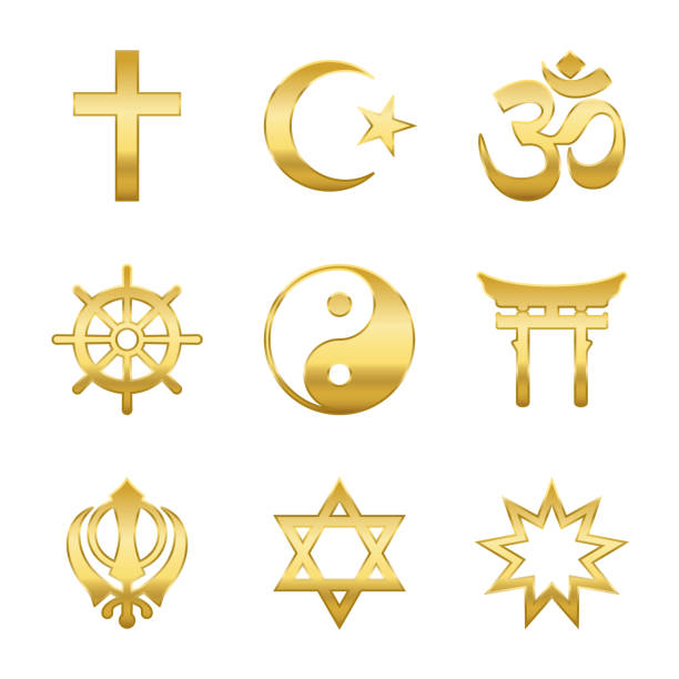 Golden world religion symbols. Signs of major religious groups and religions. Christianity, Islam, Hinduism, Buddhism, Taoism, Shinto, Sikhism and Judaism - isolated vector illustration. Golden world religion symbols. Signs of major religious groups and religions. Christianity, Islam, Hinduism, Buddhism, Taoism, Shinto, Sikhism and Judaism - isolated vector illustration. dharmachakra stock illustrations