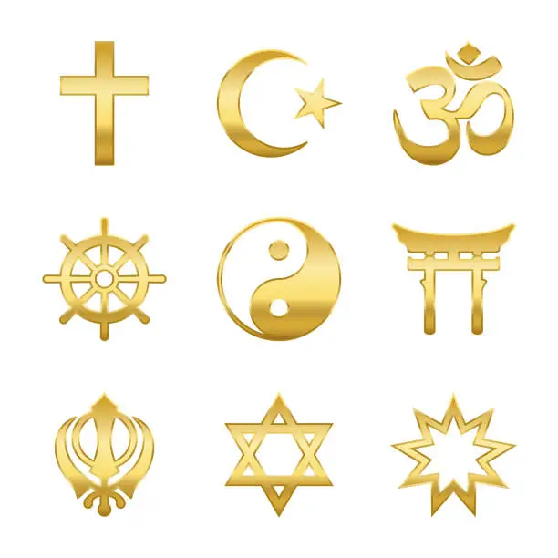 Vector illustration of Golden world religion symbols. Signs of major religious groups and religions. Christianity, Islam, Hinduism, Buddhism, Taoism, Shinto, Sikhism and Judaism - isolated vector illustration.
