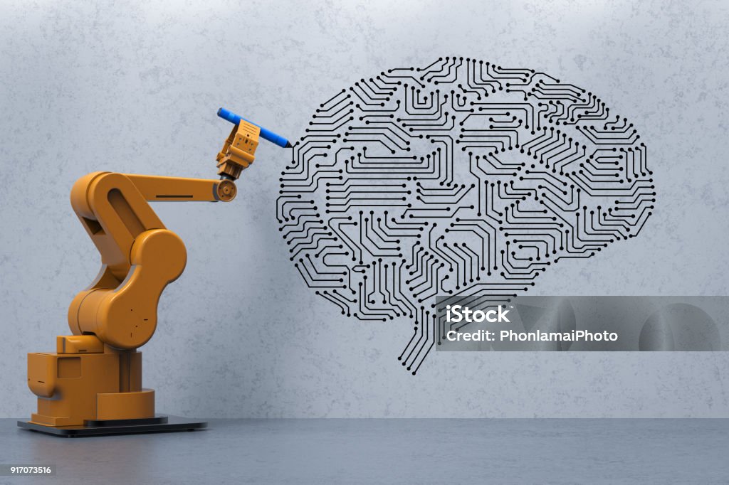 robot with ai brain 3d rendering robot arm writing ai brain Machinery Stock Photo
